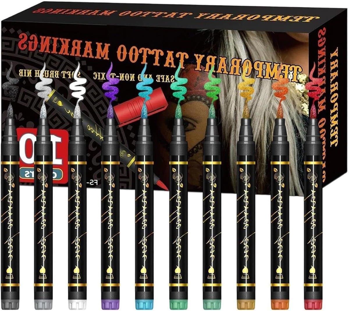 Bodypaint Markers - Huidverf Pennen - Gezichtstekeningen Maken - Huidvriendelijke Formule - 10 Kleuren - Multicolor — afbeelding 1