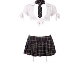Cottelli Collection – Stout School Meisje Set met Rok en Top voor Ondeugende Meiden – Maat XS – Wit