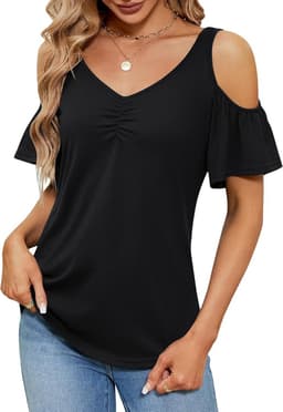 Dames Blouse met Blote Schouders en Ruffle Details - Zomer T-shirt met V-hals — thumbnail 1