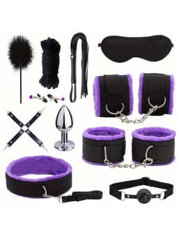 Oneay BDSM Extreme Bondage Set - 11 Delig -SM Handboeien - Zweep / Veer / Tepelklemmen - Sex Toys voor Koppels - Seksspeeltjes voor mannen en vrouwen - Sex Pakket en Toys - Paars — thumbnail 1