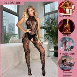 Lingerie bodystocking met strik, netstof jumpsuit voor dames, mouwloze catsuit in zwart — thumbnail 5