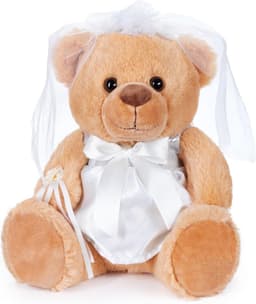 Teddy Bruidspaar in Witte Bruidsjurk – Set van 2 met Sluier en Bloemen – Creatief Geldgeschenk of Huwelijkscadeau – 25 cm — thumbnail 5