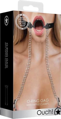 Shots Ouch! - O-Ring Gag met Tepelklemmen - Zwart — thumbnail 2