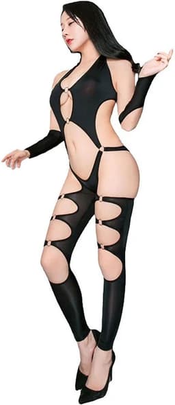 Erotische Uitgeholde Bodysuit - Jumpsuit - Lingerie - Wetlook - Zwart - Rits — thumbnail 1