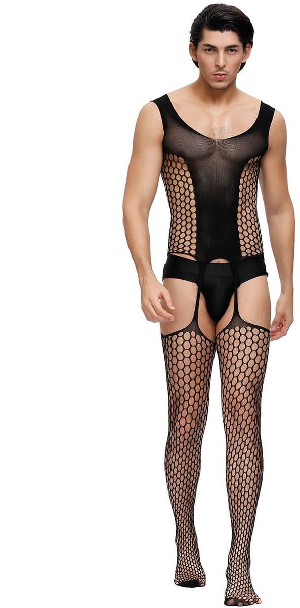 Zeloria Heren Bodystocking Visnet Catsuit – Transparante Heren Lingerie met Jarretel Look – Bodystocking voor Mannen – Mesh Stretch Bodysuit – Zwart – XS/M — afbeelding 1