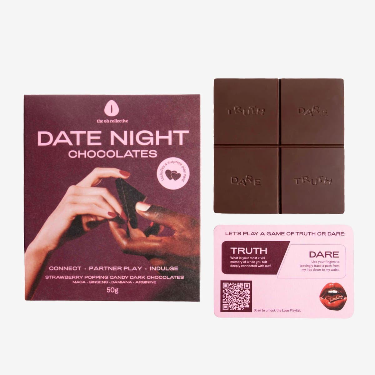 The Oh Collective – Date Night Chocolates – Met Maca & Ginseng – Tabs chocolade sex – Truth or Dare Game Voor koppels — afbeelding 1