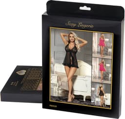 Sexy Lingerie - Erotische Elegante Babydoll Transparant met Kant - Openvallend met bijpassende String - Sexy Teddy - Erotiek - kleur Zwart - Maat XS-S — thumbnail 5