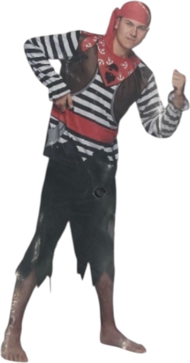 Sexy Piratenkostuum Mannen – Zwarte Broek, Gestreepte Blouse & Rode Hoofddoek – Maat L — afbeelding 1