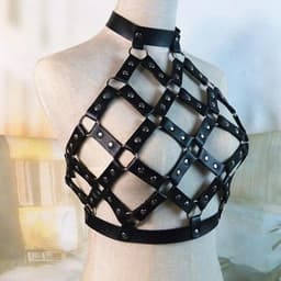 BDSM Body Harnas voor Vrouwen – Zwart Bondage Harnas met verstelbare Halsband en Rugriemen – Erotische Leren Lingerie — thumbnail 2