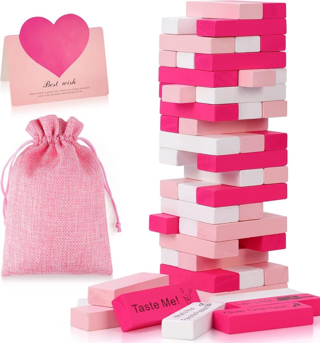 Roze Torenspel - Houtblokken Set - Date Night Spel - 6 DIY Blokken - 54 Stuks - Roze — afbeelding 1