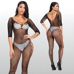LekkerStout Visnet Catsuit met Open Zijkanten - Zwart - Driekwart Mouwen - One Size S-L | LS389 — thumbnail 1