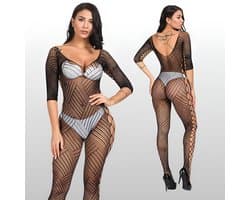 LekkerStout Visnet Catsuit met Open Zijkanten - Zwart - Driekwart Mouwen - One Size S-L | LS389