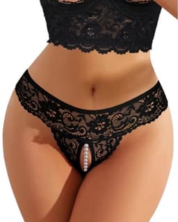 Sexy Kanten String met Parels & Open Kruis - Maat L - Zwarte Crotchless Erotische Lingerie met Stimulerende Parelketting — thumbnail 3