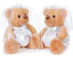 Teddy Bruidspaar in Witte Bruidsjurk – Set van 2 met Sluier en Bloemen – Creatief Geldgeschenk of Huwelijkscadeau – 25 cm