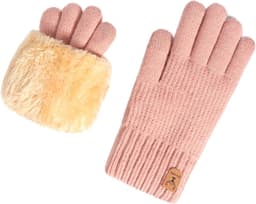 Winterhandschoenen voor dames, gebreide handschoenen met bontvoering, warme en zachte touchscreen skihandschoenen - Winterhandschoenen met dikke, warme aanraking, dubbellaags fluwelen vingerontwerp voor dames en heren, skimotorhandschoenen - roze — thumbnail 4