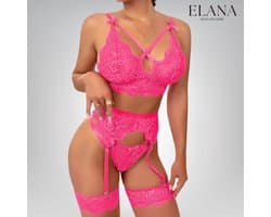 Elana Sorina – Luxe Kant Lingerie Set met Bh, String & Jarretels – Verleidelijke Dames Lingerie – XL – Roze