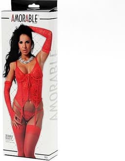Amorable - Rood Kanten Corset - Incl. String, Handschoenen En Kousen S/M — thumbnail 4
