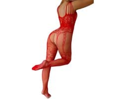Luxe Erotische Bodysuit I Lingerie Set I Sexy Erotisch Ondergoed I Design Patroon I Open Kruis & Open Billen I One Size EU S/M I Rood