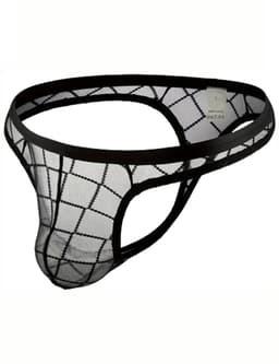 Sexy herenstring van transparant mesh – Transparent men’s thong – String heren met pouch – Erotisch ondergoed voor mannen – Zwarte G-string slip – Mannenlingerie clubwear – Maat L/XL — thumbnail 2