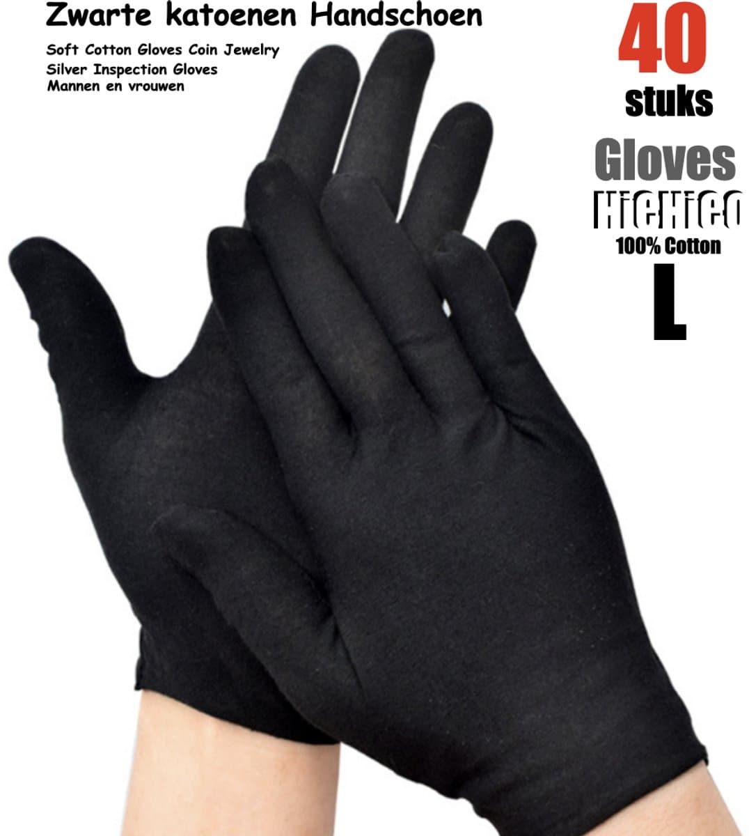 Katoenen handschoenen Zwart L 40stuks – 20 paar Beschermende Handschoenen - Gezondheidszorg - Ziekenhuis - Beauty Center, Kapper en Salon Spa Tattoo – Jewelry - eczeem / allergie / handcreme - juweliers / munt handschoen — afbeelding 1