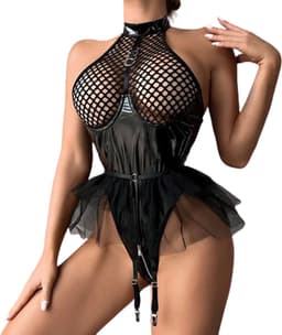 Erotische Rok Jumpsuit - Latex Wetlook - Transparante Borsten - Open Kruis - Dames — thumbnail 1