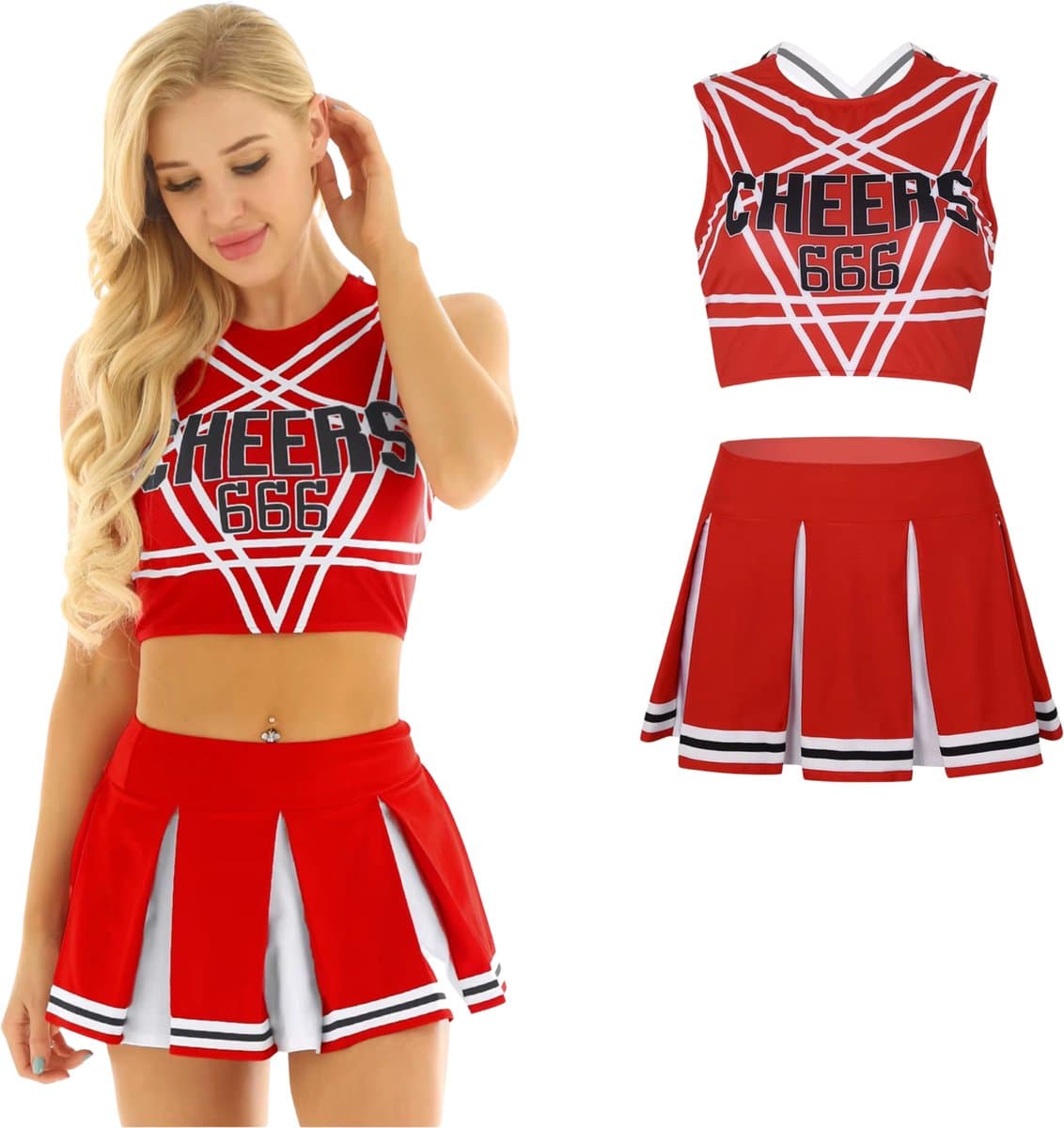 Sexy Cheerleader Kostuum - 2-delig Rood Verkleedpakje - Rokje & Korte Top Met Open Rug - Rollenspel / Cosplay - Lingerie Ondergoed voor Dames - Maat XXL / 2XL — afbeelding 1