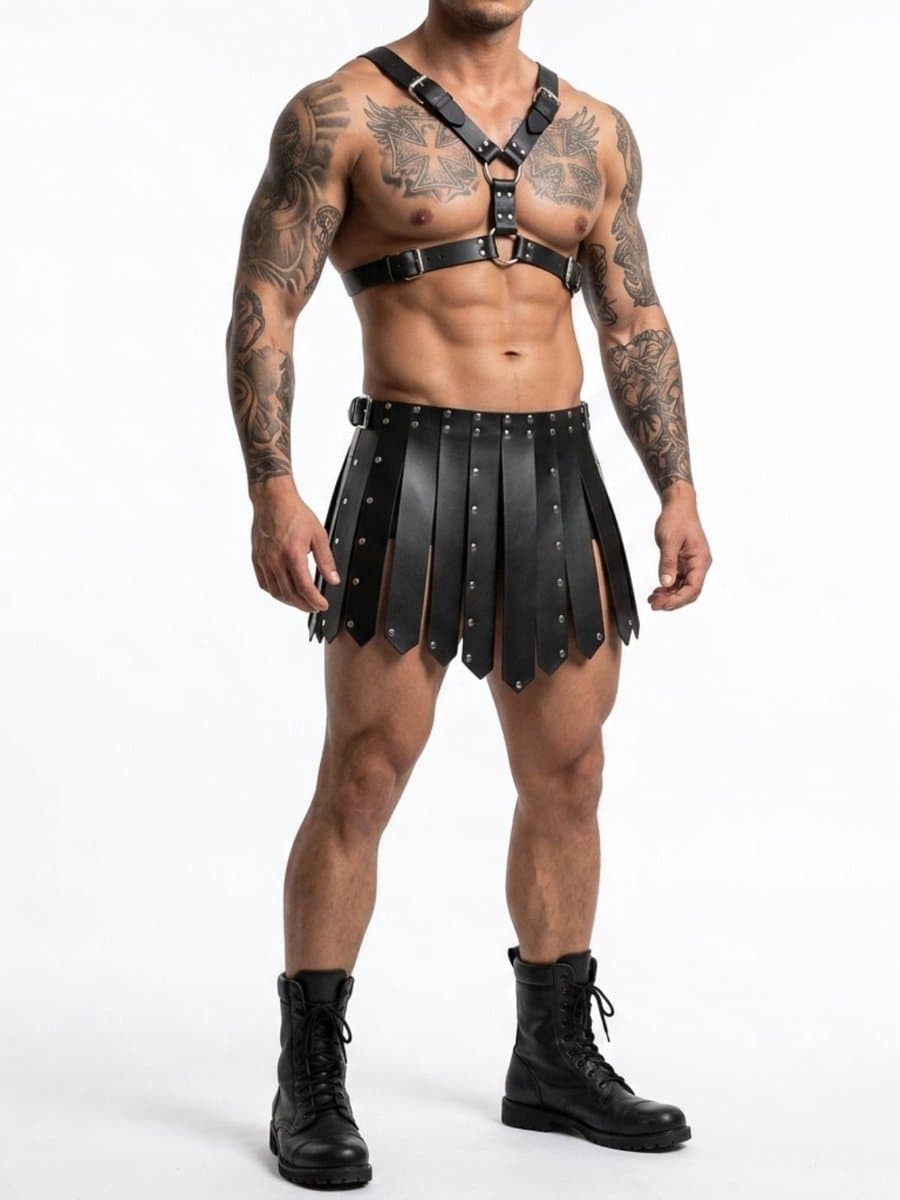 Gladiator Rok Mannen Zwart – PU Leren Festival & Fetish Outfit – Kinky Clubwear Heren – Wasteland B.I.T.C.H. Toxic Kleding — afbeelding 1