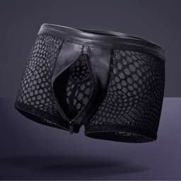 Zwarte Low Rise Heren Boxer met Rits – Ademend Mesh & PU-Leren Front – Sexy Stretch Ondergoed voor Mannen- Maat L — thumbnail 3