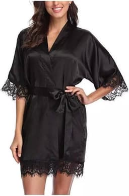 Sexy dames kimono - Maat XL - Zwart - Kant - Avondjas - Satijnen badjas - Zwart - LOUZIR — thumbnail 3