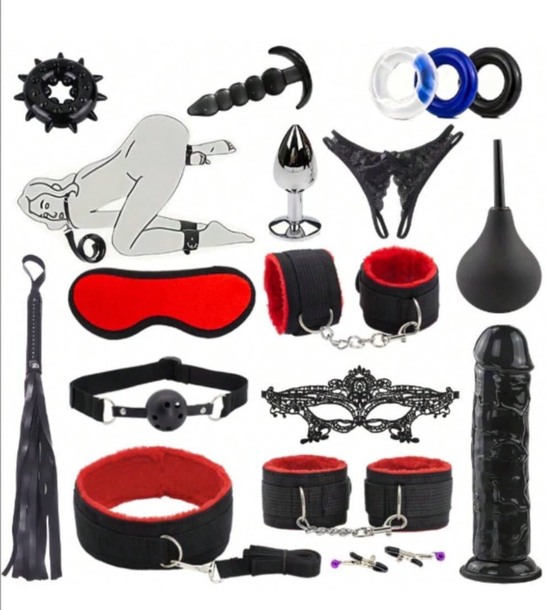 Oneay BDSM Extreme Bondage Set - 17 Delig -SM Handboeien - Dildo - Zweep / Anale plug / Tepelklemmen - Sex Toys voor Koppels - Seksspeeltjes voor mannen en vrouwen - Sex Pakket en Toys - rood — afbeelding 1