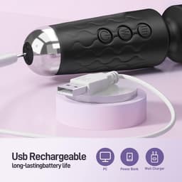 Professionele Wand Massager - 20cm - Krachtige Vibrator voor Lichaam & Ontspanning - 20 Patronen & 8 Snelheden - Medische Siliconen - Waterproof - USB Oplaadbaar - Zwart — thumbnail 3