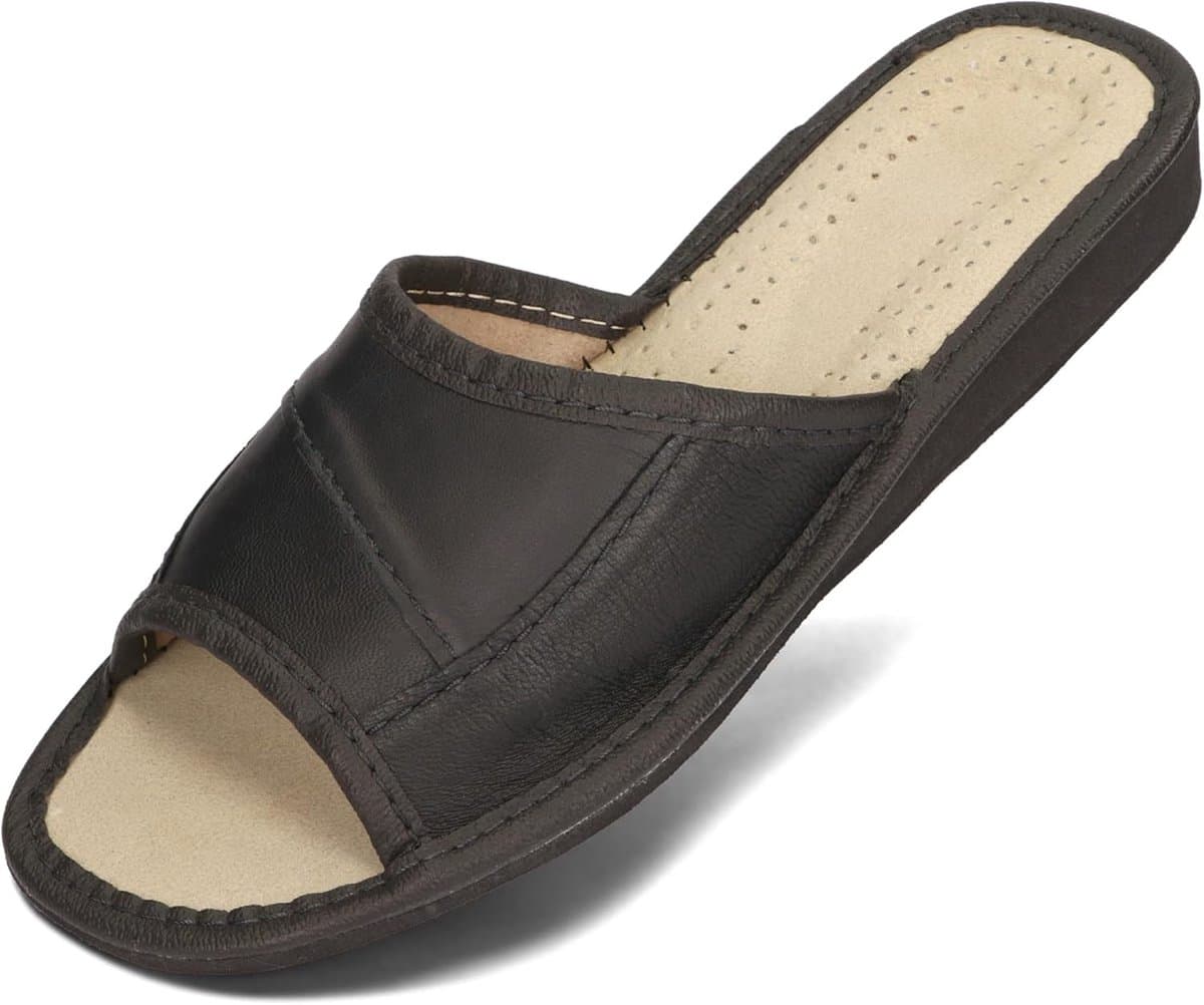Dames Slippers Echt Leer Zomer Open Teen Steekdetails Diverse Kleuren — afbeelding 1