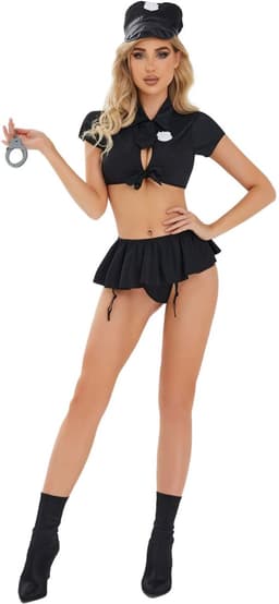 Sexy Politie Kostuum - 4-delig Zwart Verkleedpakje - Pet, Handboeien, Topje en Rokje - Rollenspel / Cosplay - Lingerie Ondergoed voor Dames - Maat L — thumbnail 1