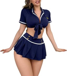 Sexy Politie Kostuum - 2-delig Blauw Verkleedpakje - Rokje & Korte Top - Rollenspel / Cosplay - Lingerie Ondergoed voor Dames - Maat L — thumbnail 1