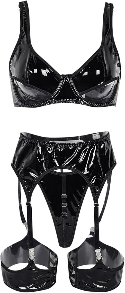 Sexy leren lingerie bodysuit voor dames, zwart gelakt PU-leer, sexy holle exotische lingerie voor dames, maat M (bovenlengte 30 cm, broeklengte 17 cm, roklengte 25 cm) — afbeelding 1