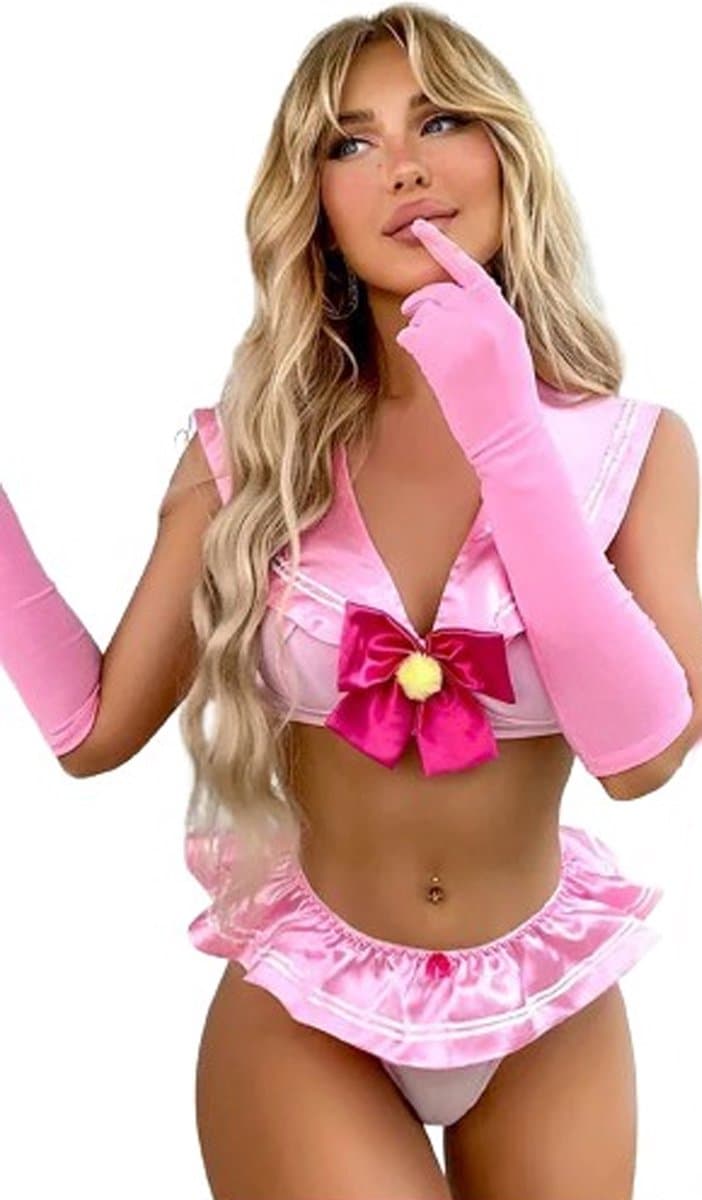 Erotische rollenspel set kostuum - Mini rokje - Slip - Roze - Babydoll — afbeelding 1
