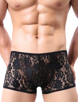 Zwarte Kanten Boxershort voor Mannen – Sexy Lange Pijpen Boxershort met Transparant Kant - Maat L - Black Transparent Lace Boxer Shorts for Men — thumbnail 1