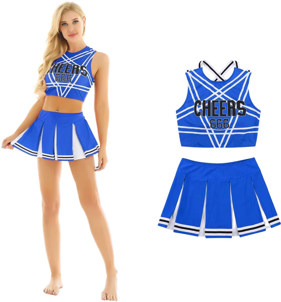 Sexy Cheerleader Kostuum - 2-delig Blauw Verkleedpakje - Rokje & Korte Top Met Open Rug - Rollenspel / Cosplay - Lingerie Ondergoed voor Dames - Maat XL — afbeelding 1