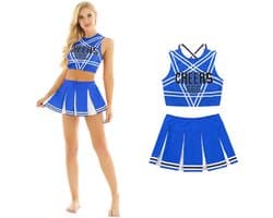Sexy Cheerleader Kostuum - 2-delig Blauw Verkleedpakje - Rokje & Korte Top Met Open Rug - Rollenspel / Cosplay - Lingerie Ondergoed voor Dames - Maat XL