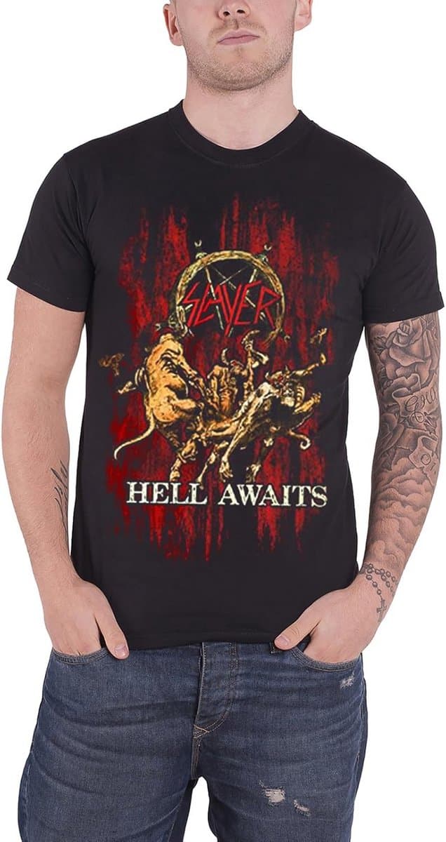 Zwart Heren T-Shirt met Metal Band Logo - Hell Awaits Print — afbeelding 1