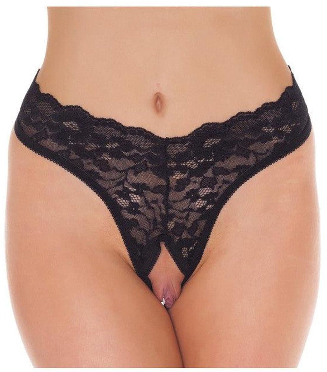 Amorable - G-String met Kanten Ruches - Open Kruis - One Size - Zwart — afbeelding 1