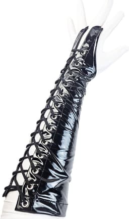 BamBella ® Handschoenen - Maat onesize - Datex (Mix latex en stof ) Sexy Zwart Glans lak vetersluiting — thumbnail 5