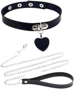 BDSM Halsband met Ketting – Zwarte Kunstleren BDSM Collar met Hart Hanger – Bondage Halsband & SM Accessoire – 42 cm Halsband + 66 cm Ketting — thumbnail 1