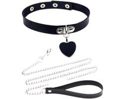 BDSM Halsband met Ketting – Zwarte Kunstleren BDSM Collar met Hart Hanger – Bondage Halsband & SM Accessoire – 42 cm Halsband + 66 cm Ketting