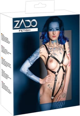 ZADO – Lederen Riemen Full Body Harnas Verstelbaar met Open Kruis en Borsten Maat S/M - Zwart — thumbnail 3
