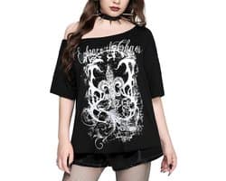 Gothic Punk Off-Shoulder T-Shirt met Grunge Print voor Dames en Meisjes | Y2K Stijl