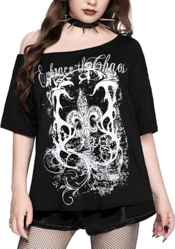 Gothic Punk Off-Shoulder T-Shirt met Grunge Print voor Dames en Meisjes | Y2K Stijl — thumbnail 1