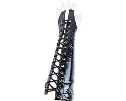 BamBella ® Handschoenen - Maat onesize - Datex (Mix latex en stof ) Sexy Zwart Glans lak vetersluiting