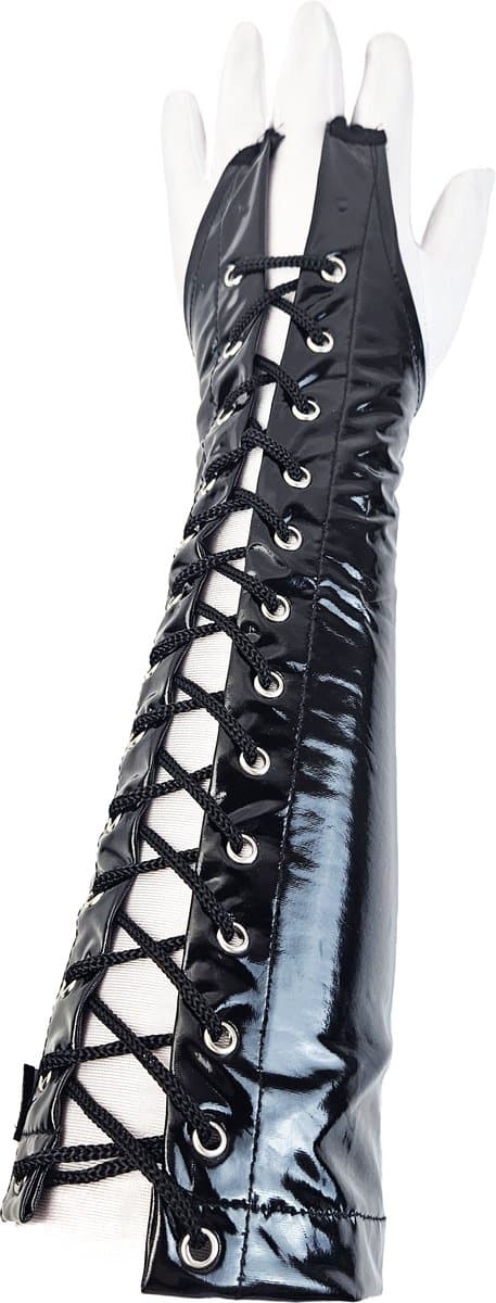 BamBella ® Handschoenen - Maat onesize - Datex (Mix latex en stof ) Sexy Zwart Glans lak vetersluiting — afbeelding 1