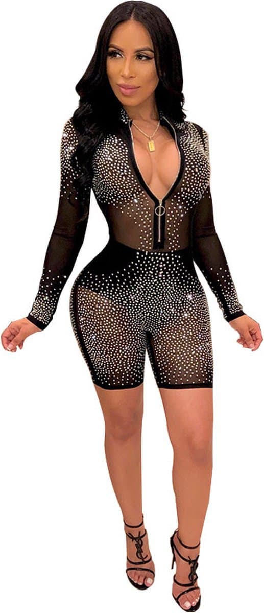 Sexy Jumpsuit Rhinestone Long Sleeves - Mooi design - Hoogwaardige kwaliteit - Siersteentjes - Sexspelletjes voor mannen en vrouwen - Spandex - Spannend voor koppels - Erotische kleding - Lingerie erotisch - Lingerie body sexy - Erotiek — afbeelding 1